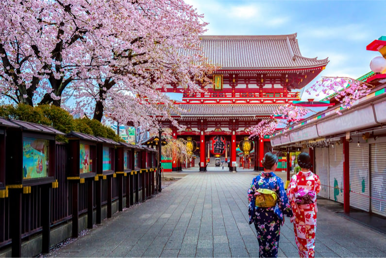 Two geishas wearing traditional japanese kimonos at Sensoji Temple in Asakusa Tokyo, Japan.