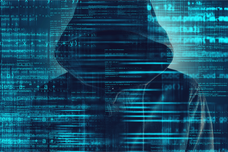 Cybersecurity, computer hacker with hoodie and obscured face, computer code overlaying image