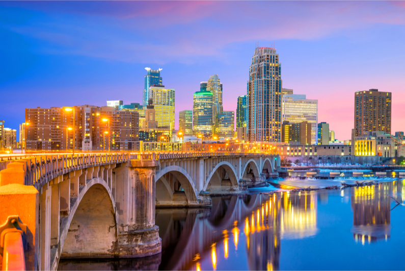 Minneapolis downtown skyline in Minnesota, USA at sunset