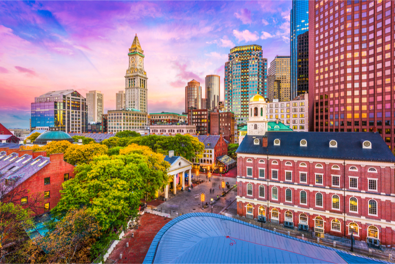 Boston, Massachusetts, USA historic skyline at dusk