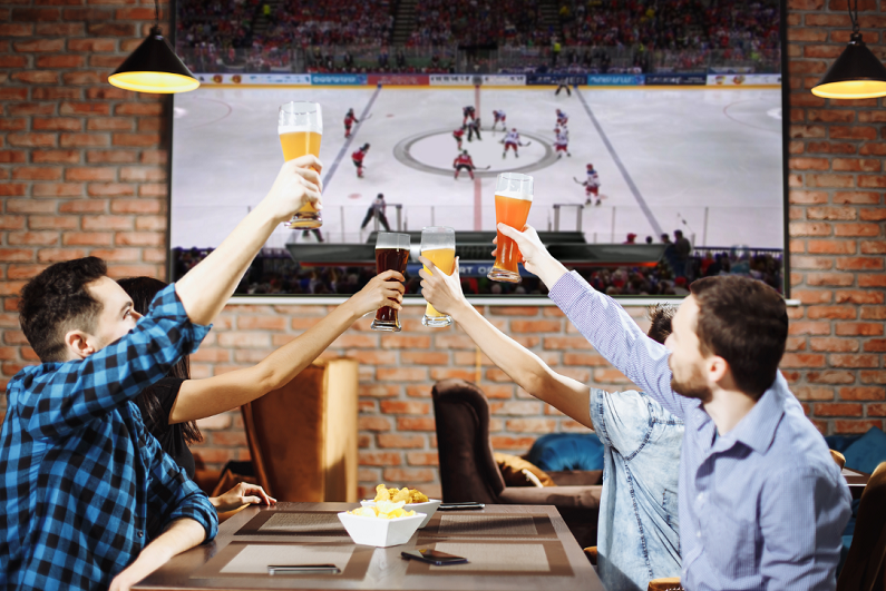 Men toasting their hockey team at a sports bar.