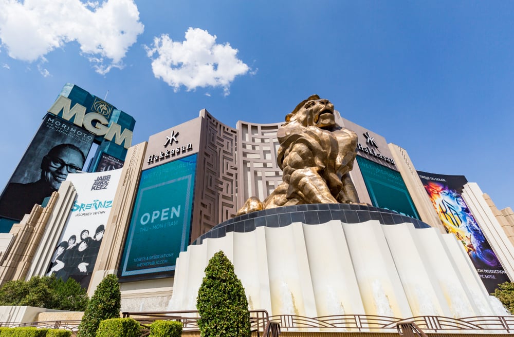 giant golden lion statue outside the MGM Grand Hotel and Casino on the Las Vegas Strip