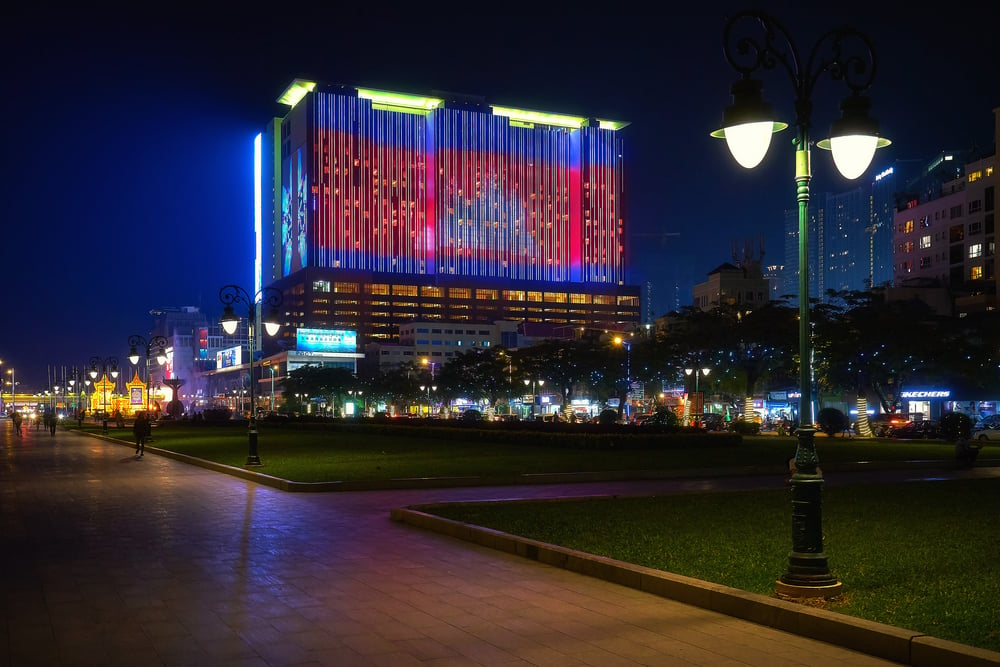 Night shot of the illuminated NagaWorld building in Phnom Penh, Cambodia