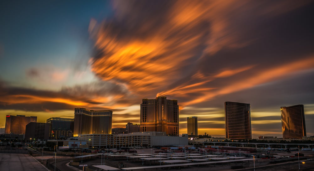 dramatic sunset sky over Las Vegas Strip buildings