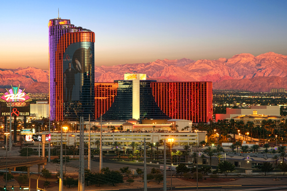 View of the Rio All-Suite Hotel and Casino against a Las Vegas sunset backdrop